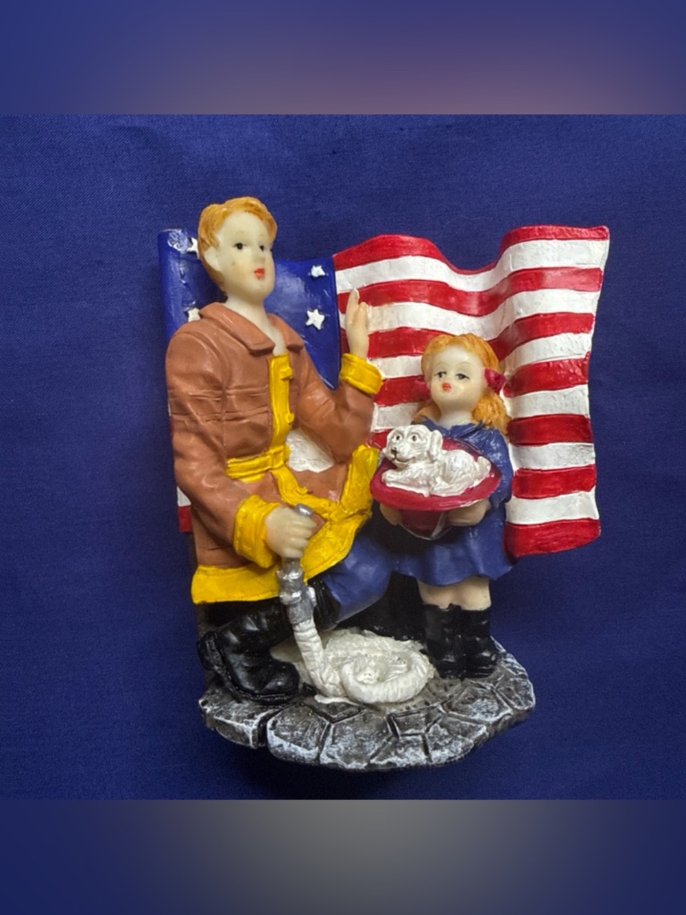 Female Firefighter America Hero's Patriotic Child Puppy Flag 4” Figure 1990s